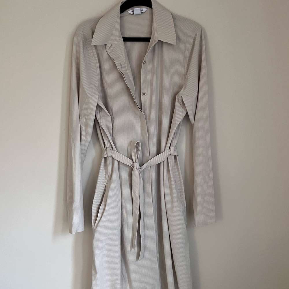 Athleta Cream Striped Shirt Dress with Belt Detail